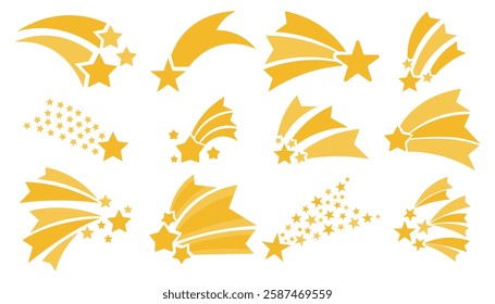 Shooting stars icons set, flying star with comet tail, set of falling star with trails.