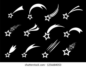 Disparando iconos de estrellas. Siluetas o cometas de estrella que caen sobre fondo negro. Estrella dorada con ilustración de cola.