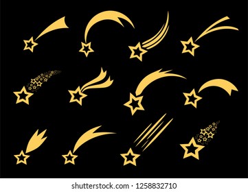 Shooting stars icons. Vector falling star silhouettes or comets isolated on black background. Golden star with tail illustration.