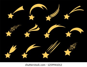 Shooting stars icons. Vector falling star silhouettes or comets isolated on black background. Golden star with tail illustration.