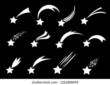 Shooting stars icons. Vector falling star silhouettes or comets isolated on black background. White star with tail illustration.