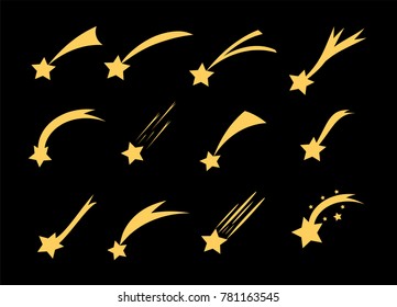 Shooting stars icons. Vector falling star silhouettes or comets isolated on black background. Golden star with tail illustration.