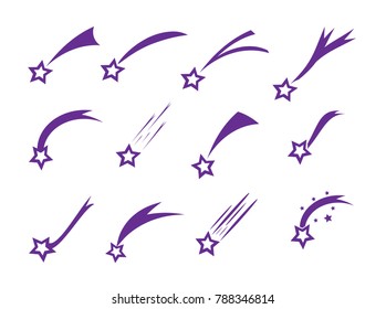 Shooting stars icons. Vector falling star silhouettes or comets isolated on white background. Golden star with tail illustration.