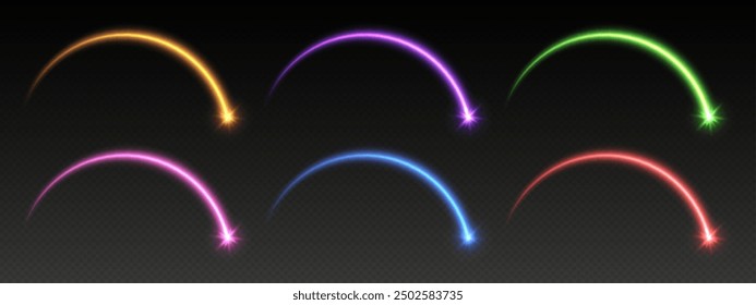 Shooting stars light effect, magic arches with sparkles, glowing meteors with trails, shiny stars in motion set. Christmas vector illustration.