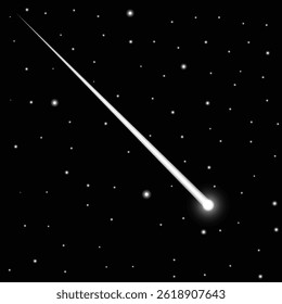 Shooting stars, light of falling of a meteorite. High quality star and comet universe on black background. Beautiful shooting star. A realistic starry sky with a white glow. 