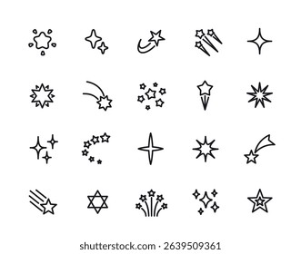 Shooting stars line icon set. Simple symbols with meteorite, cosmic shine and comet with tail. Editable stroke. Design element for app. Outline vector illustration collection isolated on background