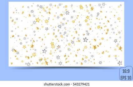 Shooting Stars Print. Gold Starry Background. Vector Silver and Gold Confetti Star Background Pattern. The night of shooting stars. Shooting Stars Card. Confetti Fall Decor. Modern Creative Pattern.