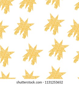 Shooting stars with ribbons pattern. Vector seamless pattern with interesting paper cut stars. Yellow shooting stars celebration