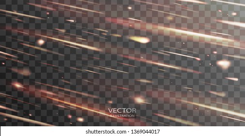 Shooting stars transparent vector background, light of falling of a meteorite in the galaxy. Asteroid, comet and meteor vector illustration of universe, cosmos, space for promo, ads, flyer, web design