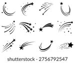 Shooting stars vector icon set. Set of flying star with comet tail. Trajectories of meteorites, comets, and asteroids. Set of fallen stars. Vector illustration.