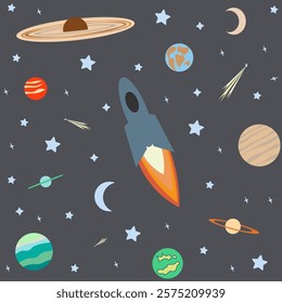 Shooting stars and vivid colors, a dynamic depiction of a rocket exploring the universe, surrounded by planets, moons, and a starry sky. 