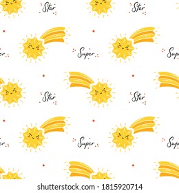 Shooting Super Star. Yellow Cute Kawaii Falling Stars Vector Seamless Pattern. Starry Sky Background. T-shirt Print, Nursery, Baby Shower, Holiday or Birthday Party Design for Kids