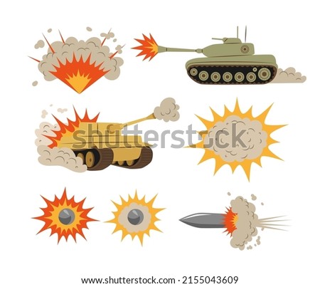 Shooting tanks and explosions vector illustrations set. Collection of cartoon drawings of bomb blasts, fire, clouds of smoke after burst, gun bullets on white background. War, armament concept