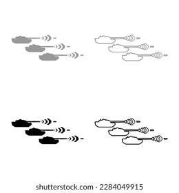 Tanques de tiro conjunto de concepto de guerra icono color negro gris ilustración vectorial contorno de relleno sólido línea delgado estilo plano