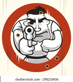 Shooting Target Character With Gun, vector illustration cartoon, bullseye. 