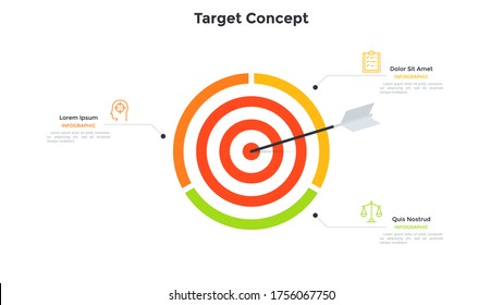 Shooting target divided into 3 parts and arrow in center. Concept of three steps to achievement of business goal. Simple infographic design template. Modern flat vector illustration for presentation.