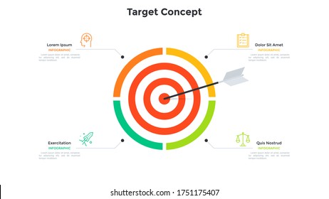 Shooting Target Divided Into 4 Parts And Arrow In Center. Concept Of Four Steps To Achievement Of Business Goal. Simple Infographic Design Template. Modern Flat Vector Illustration For Presentation.