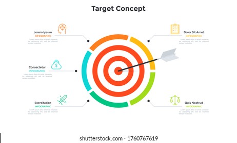 Shooting target divided into 5 parts and arrow in center. Concept of five steps to achievement of business goal. Simple infographic design template. Modern flat vector illustration for presentation.