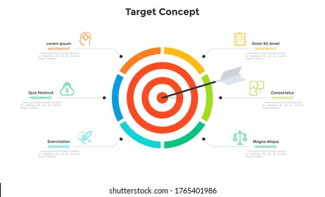 Shooting target divided into 6 parts and arrow in center. Concept of six steps to achievement of business goal. Simple infographic design template. Modern flat vector illustration for presentation.