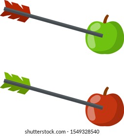 Shooting at target. Set of red target and green arrow. Hit the Apple. aim and strike. Business concept of precision and accuracy. Cartoon flat illustration