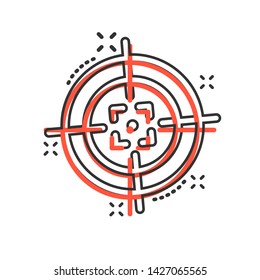 Shooting target vector icon in comic style. Aim sniper symbol cartoon illustration on white background. Target aim business concept splash effect.