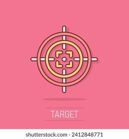 Shooting target vector icon in comic style. Aim sniper symbol cartoon illustration on white background. Target aim business concept splash effect.