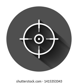 Shooting target vector icon in flat style. Aim sniper symbol illustration on black round background with long shadow. Target aim business concept.