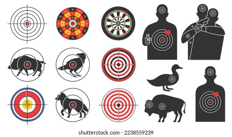 Shooting targets. Animal silhouette, armed human and hostage target for shooting range. Prints with bullseye for hunting practice vector set of target animal and criminal with hostage illustration