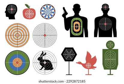 Disparando blancos. Diferentes formas para disparar con objetivos específicos en guión, aves, animales y silueta humana, distancia de marcado y puntos, disparo de pistolas o dardos plantilla de práctica actual conjunto de vectores