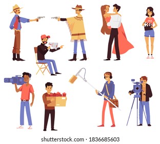 Shooting team of actors playing role, cameramen, director and assistant with clapper making film. Set of persons for shooting cinema movie. Flat cartoon isolated vector illustration