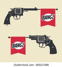 Shooting toy gun pistol with bang flag vector icon. Weapon pistol toy illustration
