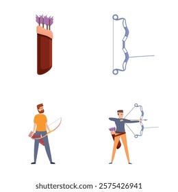 Shooting training icons set cartoon vector. Shooter and equipment for archery. Shooting sport