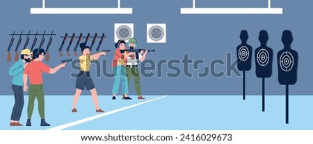 Shooting training in range. People shoot with weapon on special study targets. Police or military check up, self defence exercises, recent vector scene