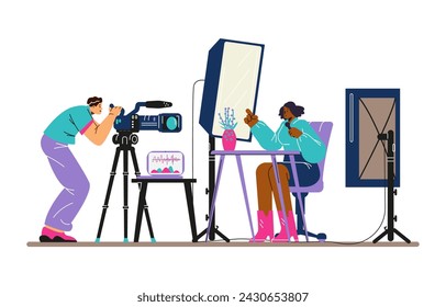 Shooting TV program or blogger broadcast in studio, flat cartoon vector illustration isolated on white background. Professional film studio services, making video clip.