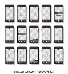 Shooting video for a social network. Mobile phone with camera interface. Viewfinder, grid, focus, button and rec on smartphone. Mobile app application. Focusing screen in recording time. Vector.