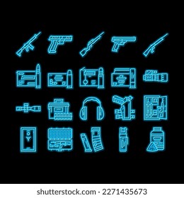 Shooting Waffen und Zubehör Neon Leuchtzeichen Vektorgrafik. Pfefferspray und Ammo-Box, Mittelland- und Rimfire-Pistole, Night-Vision-Scope und Ohrmuffe zum Shooting von Schusswaffenillustrationen