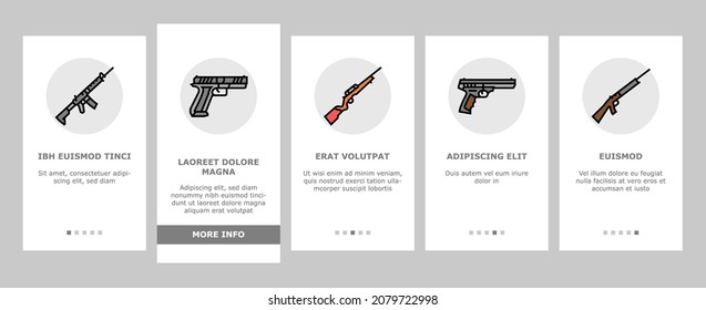 Shooting Weapon And Accessories Onboarding Mobile App Page Screen Vector. Pepper Spray And Ammo Box, Centerfire And Rimfire Pistol, Night Vision Scope And Ear Muffs For Shooting Gun. Illustrations