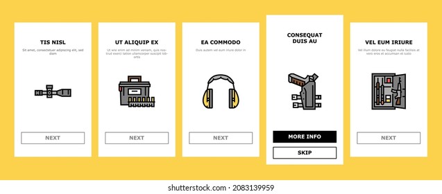 Shooting Weapon And Accessories Onboarding Mobile App Page Screen Vector. Pepper Spray And Ammo Box, Centerfire And Rimfire Pistol, Night Vision Scope And Ear Muffs For Shooting Gun. Illustrations