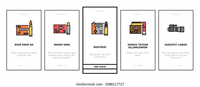 Shooting Weapon And Accessories Onboarding Mobile App Page Screen Vector. Pepper Spray And Ammo Box, Centerfire And Rimfire Pistol, Night Vision Scope And Ear Muffs For Shooting Gun. Illustrations