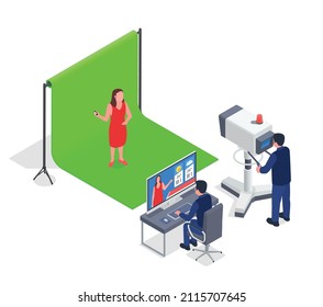 Shooting of weather forecast in tv studio isometric composition with cameraman operator and female presenter with chromakey 3d vector illustration