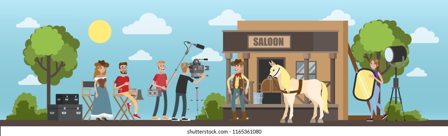 Disparando películas occidentales usando cámara, luces, micrófonos y otros equipos. Haciendo concepto de película. Escena con un valiente vaquero en el seloon. Ilustración plana del vector