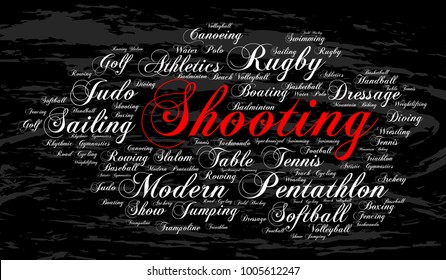 Shooting. Word Cloud , Elegant Cursive Font, Grunge Background. Summer Sports.