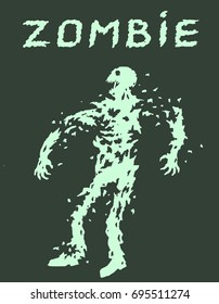 Shooting a zombie from a machine gun. Vector illustration. Scary character silhouette. The horror genre. Green color background.