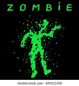 Shooting a zombie from a machine gun. Vector illustration. Scary character silhouette. The horror genre. Black color background.