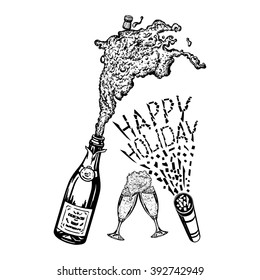 Shoots Confetti Poppers, Champagne Bottle, Happy Holiday, Glass Of Champagne, Cartoon, Hand Drawn, Vector, Sketch, Illustration