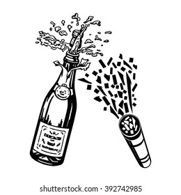 Shoots Confetti Poppers And Champagne Bottle, Cartoon, Hand Drawn, Vector, Sketch, Illustration