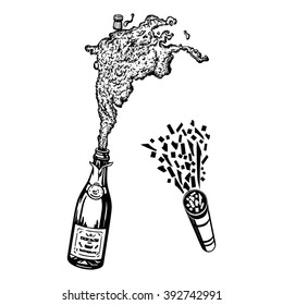 Shoots Confetti Poppers And Champagne Bottle, Cartoon, Hand Drawn, Vector, Sketch, Illustration