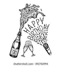 Shoots Confetti Poppers, Champagne Bottle, Happy Birthday, Glass Of Champagne, Cartoon, Hand Drawn, Vector, Sketch, Illustration