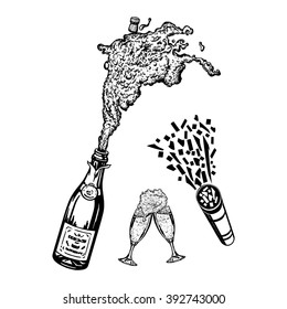 Shoots Confetti Poppers, Champagne Bottle, Glass Of Champagne, Cartoon, Hand Drawn, Vector, Sketch, Illustration