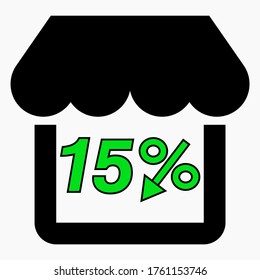 Shop 15% discount. Shop building and percentage discount green. Price drop. Sale at the supermarket. Vector icon